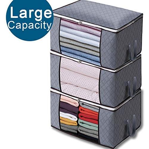 3PCS Storage Bag Organizers, Large Capacity Clothes Storage Bag for Closet Comforter, Bedding, Clothes, Blanket with Reinforced Handle Foldable for Closet and Underbed Storage (Grey)