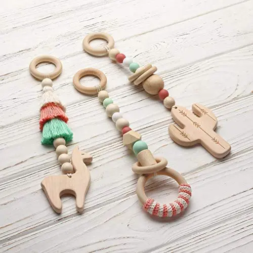 Wooden baby gym mobiles. Set of 3: llama, cactus, ring. Infant Play Gym Wood Accessory. Activity center hangers. Baby Shower Gift. Coral & mint