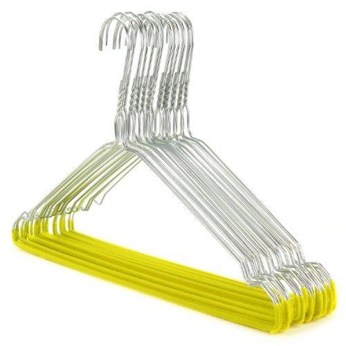 HANGERWORLD 10 Silver 16inch Wire Metal Notched 13 Gauge Clothes Garment Coat Hangers Yellow Flocked Non Slip Pants Bar