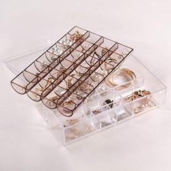 Mymazn Plastic Clear Jewelry Organizer Boxes for Women, Girls | Small Jewelry Case Storage Bracelets, Rings, Earrings Holder Tray (2 Layer, Brown)