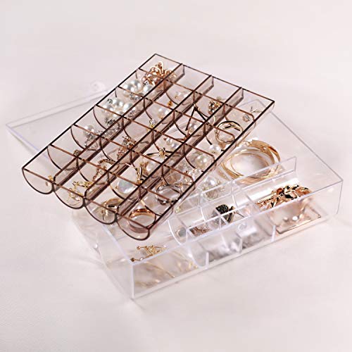Mymazn Plastic Clear Jewelry Organizer Boxes for Women, Girls | Small Jewelry Case Storage Bracelets, Rings, Earrings Holder Tray (2 Layer, Brown)