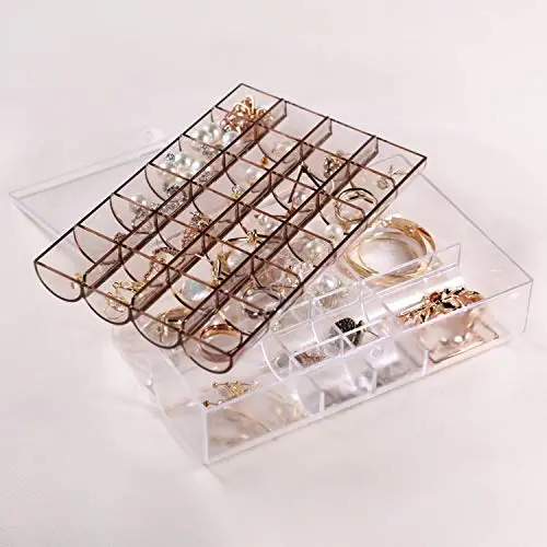 Mymazn Plastic Clear Jewelry Organizer Boxes for Women, Girls | Small Jewelry Case Storage Bracelets, Rings, Earrings Holder Tray (2 Layer, Brown)
