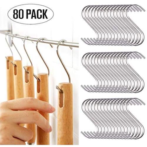 80 Pack Heavy Duty S Hooks Stainless Steel S Shaped Hooks S Shaped Hangers for Kitchen Bathroom Office Hanging Kitchenware Pot Pan Clothes Utensils