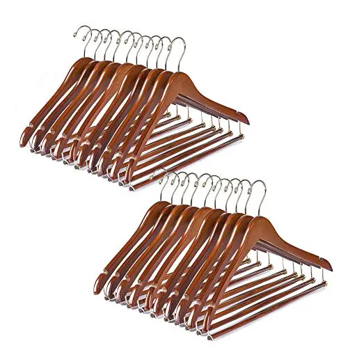 Quality Hangers Wooden Hangers Beautiful Sturdy Suit Coat Hangers with Locking Bar Walnut Finish Gold Hooks (20)