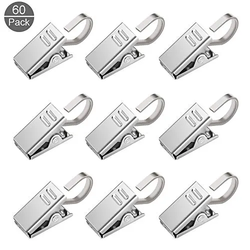 OOTSR [60 Pack Stainless Steel Clips w/Hook for Curtain, Photos, Home Decoration - Wide Flat String Party Lights Hanger Wire Holder for Shower, Art Craft Display and Outdoor Activities Supplies