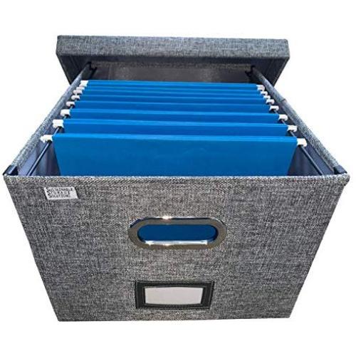 Collapsible File Boxes Storage Organizer with lid - Decorative Linen Hanging File Boxes with Handles - Letter/Legal Office File Storage Boxes - Metal brackets for Easier Document Storage - Gray