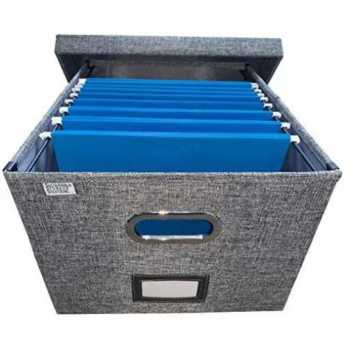 Collapsible File Boxes Storage Organizer with lid - Decorative Linen Hanging File Boxes with Handles - Letter/Legal Office File Storage Boxes - Metal brackets for Easier Document Storage - Gray