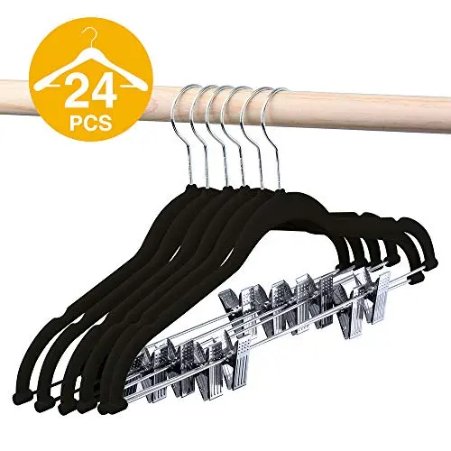 HOUSE DAY Velvet Skirt Hangers - Pack of 24 - Velvet Hangers with Clips Ultra Thin Non Slip Velvet Pants Hangers Space Saving Clothes Hanger (Black) HOUSE DAY Velvet Skirt Hangers - Pack of 24 - Velvet Hangers with Clips Ultra Thin Non Slip Velvet Pants Hangers Space Saving Clothes Hanger (Black)