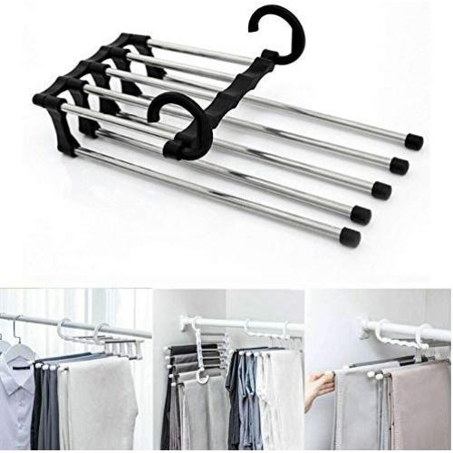 5pcs Random Color Fashion 5 in 1 Pant Rack Shelves Stainless Steel Clothes Hangers Multi-Functional Wardrobe Magic Hanger