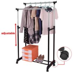 DOUBLE HEAVY DUTY RAIL ADJUSTABLE PORTABLE CLOTHES HANGER ROLLING GARMENT RACK