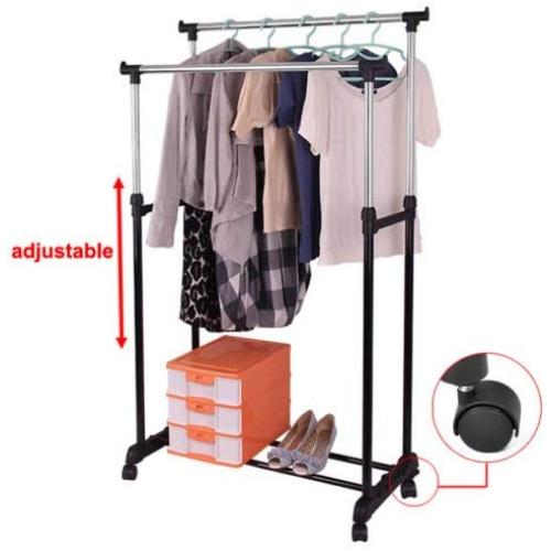 DOUBLE HEAVY DUTY RAIL ADJUSTABLE PORTABLE CLOTHES HANGER ROLLING GARMENT RACK
