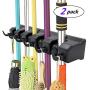 IMILLET Mop and Broom Holder, Wall Mounted Organizer Mop and Broom Storage Tool Rack with 5 Ball Slots and 6 Hooks (Black) (Double Pack)