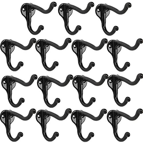 15 Pack Black Coat Hooks for Hanging Wall Hooks Rustic Hooks Wall Mounted Heavy Duty Hooks Double Hooks No Rust Hooks with 30 Screws for Hanging Coat, Scarf, Bag, Towel, Key, Cap, Cup, Hat