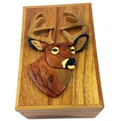 Oberstuff.com Deer Buck Head, 6 x 4 x 3.25 Jewelry/Storage Box. All Natural Exotic Woods with Brass Hinged Lid. Hand-Made Wood Applique Design on Lid.