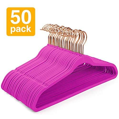 HOUSE DAY Velvet Hangers Non-Slip Velvet Hanger 50 Pack-Clothes Hangers Velvet Space Saving Clothes Hangers Non Slip Hangers for Coats, Suit,Hot Pink