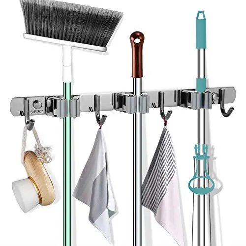 Goowin Broom Holder Wall Mount, Stainless Steel Mop Holder Heavy Duty Organizer Hanger with 3 Racks 4 Hooks for Laundry Room, Office, Garden, Garage Tools Storage, Adhesive or Screws Drili Intall