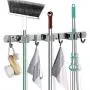 Goowin Broom Holder Wall Mount, Stainless Steel Mop Holder Heavy Duty Organizer Hanger with 3 Racks 4 Hooks for Laundry Room, Office, Garden, Garage Tools Storage, Adhesive or Screws Drili Intall