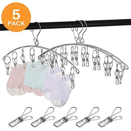 Clothes Drying Rack Stainless Steel Laundry Drying Rack Clothes Hanger with 8 Clips Metal Clothespins for Drying Socks, Towels, Diapers, Bras, Baby Clothes,Underwear, Gloves (5 Pack)