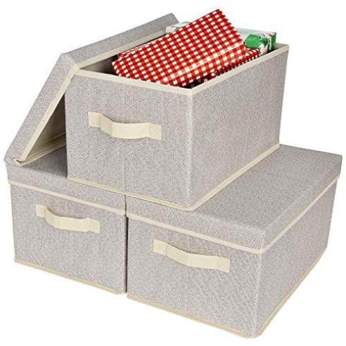 GRANNY SAYS Closet Organizer Bins with Lid, Storage Basket for Shelves, Closet Bins with Handle, Home and Office Boxes Organizer, Beige, Large, 3-Pack
