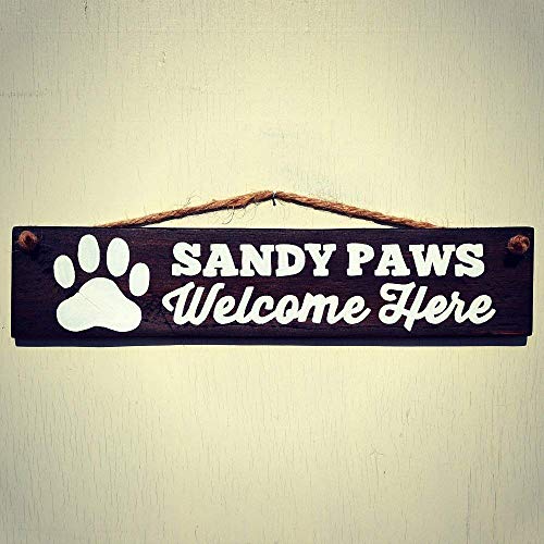 Sandy Paws Welcome Here Wood Sign - Rustic Wall Decor With Rope Hanger - Dog Decor for Home