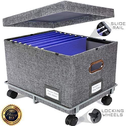 Premium Collapsible File Storage Organizer with Dolly Wheels | Office Hanging File Boxes | Smooth Sliding Rail | Fits Letter/Legal | Charcoal | 1 Pack