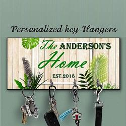 Beige-green tropical personalized Key Holder for wall,Custom monogram Key Hanger,Personalized Key rack, Housewarming Gift, Anniversary Gift, Last name key organizer,Family key hanger,Wedding gift