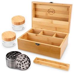 Pike & Pine Handmade Large Stash Boxes Combo - Storage For Herbs and Accessories | 100% Bamboo w/Natural Finish | Includes Grinder + 2 Stash Jars | Discrete Design, Lockable, and Removable Dividers