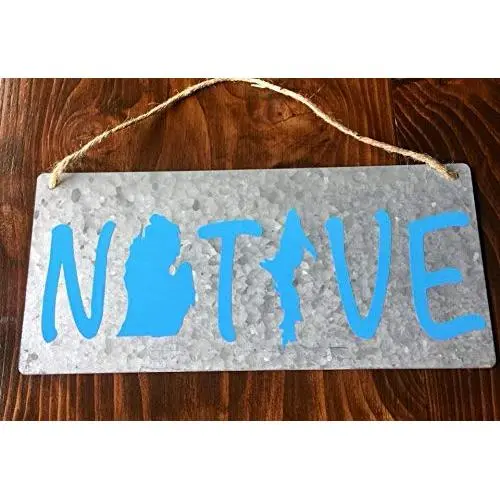 Michigan Vinyl Native Sign on Galvanized Metal with Jute Hanger Michigan Vinyl Native Sign on Galvanized Metal with Jute Hanger