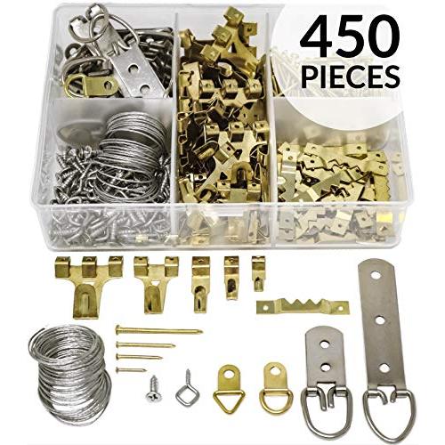 Picture Hanging Kit 450 Pieces | Hardware for Frames Heavy Duty | Great Assortment Includes: Screws, Nails, D Rings, Hooks, Wires, Sawtooth Hangers, Heavy Duty Hooks | Comes with Transparent Solid Box