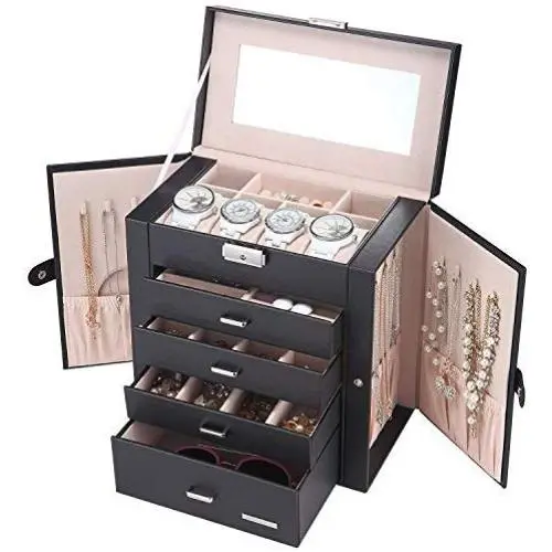 Cosway 5-Tier Large Leather Jewelry Organizer Boxes Mirrored Watch Organizer Necklace Ring Earring Storage Lockable Gift Case (5 Layers Black) Cosway 5-Tier Large Leather Jewelry Organizer Boxes Mirrored Watch Organizer Necklace Ring Earring Storage Lockable Gift Case (5 Layers Black)