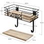 TJ.MOREE Ironing Board Hanger - Laundry Room Iron and Ironing Board Holder, Metal Wall Mount with Large Storage Wooden Base Basket and Removable Hooks (Black)