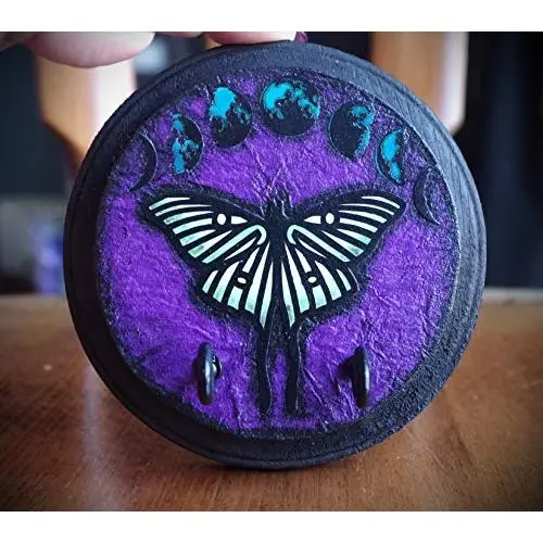 Mini Purple and Black Luna Moth Holo Lunar Moon Phases Hand Made 2 Hook Jewelry Key Hanger Organizer.