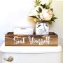 Would Poop Here Again & Seat Yourself Bathroom Decor Storage Box, Toilet Paper Holder Stand, Farmhouse Rustic Wood Organizer
