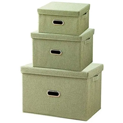 ANMINY Storage Boxes Set of 3 with Lids and Handles Foldable Lidded Cotton Linen Fabric Home Storage Cubes Bins Baskets Clothes Toys Organizer Containers Small + Medium + Large Size, Green ANMINY Storage Boxes Set of 3 with Lids and Handles Foldable Lidded Cotton Linen Fabric Home Storage Cubes Bins Baskets Clothes Toys Organizer Containers Small + Medium + Large Size, Green