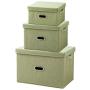 ANMINY Storage Boxes Set of 3 with Lids and Handles Foldable Lidded Cotton Linen Fabric Home Storage Cubes Bins Baskets Clothes Toys Organizer Containers Small + Medium + Large Size, Green