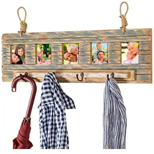 Rustic Wall Mounted Coat Rack with 4 hanging hooks and. 31&quotx9" Holds 5 photos. Use as coat rack, hat organizer, key holder. Perfect for Entryway, Mudroom, Kitchen, Bathroom, Hallway, Foyer