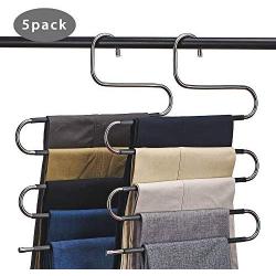 CEISPOB Space Saving Pants Hangers, Non Slip Stainless Steel Clothes Pants Hanger, 5 Tiers Design S Shape Pants Rack, Closet Storage Organizer for Pants Jeans Trousers Scarf Hanging (5-Pack)