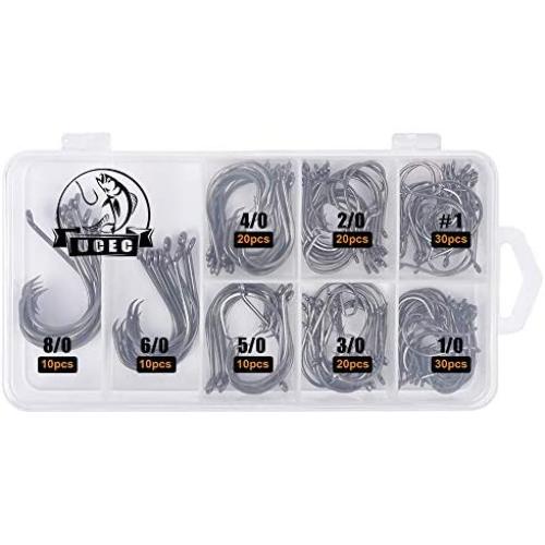 UCEC 150pcs/box Circle Hooks 2X Strong Customized Offset Sport Circle Hooks Black High Carbon Steel Octopus Fishing Hooks - Size:#1 1/0 2/0 3/0 4/0 5/0 6/0 8/0