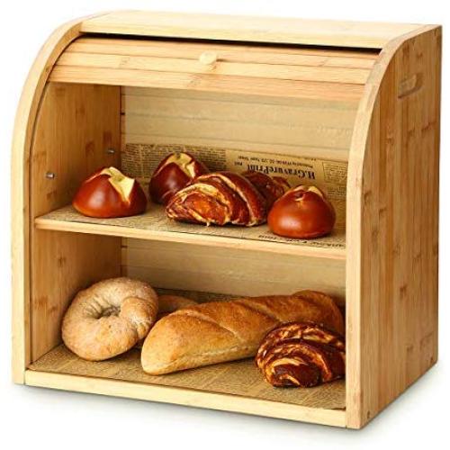 Bread Box, G.a HOMEFAVOR 2 Layer Bamboo Bread Boxes for Kitchen Food Storage, Large Capacity Bread Keeper Roll Top with Removable Layer, 15" x 9.8" x 14.2", 15 mm Thickness (Self-assembly)