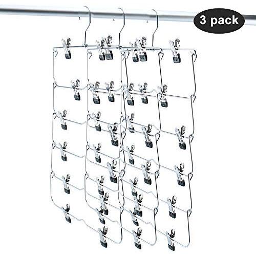 Homend 6 Tier Skirt Hangers Foldable Pants Hangers Closet Organizer Stainless Steel Fold up Space Saving Hangers (3 Pack)