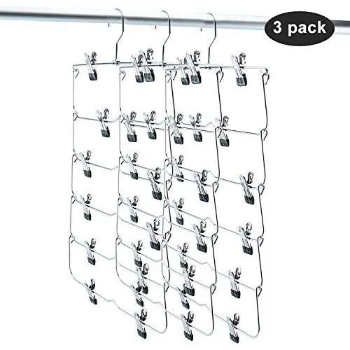 Homend 6 Tier Skirt Hangers Foldable Pants Hangers Closet Organizer Stainless Steel Fold up Space Saving Hangers (3 Pack)