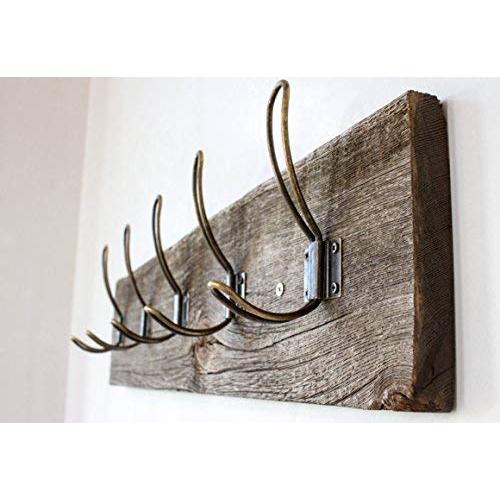 Vintage Rustic Wall Mounted Coat Rack ?Authentic Barn Wood Hanger for Towels, Clothes, Hats, Bags?Antique Door Wall Mount 5-Hook Rail (Vintage Style Wire Hook- 26&quotx 5? x 7/8", Brown)