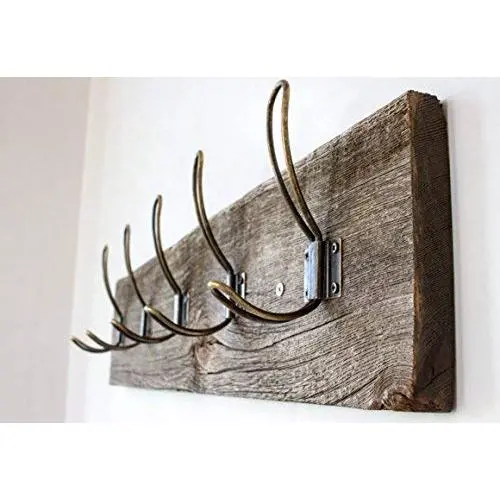 Vintage Rustic Wall Mounted Coat Rack ?Authentic Barn Wood Hanger for Towels, Clothes, Hats, Bags?Antique Door Wall Mount 5-Hook Rail (Vintage Style Wire Hook- 26&quotx 5? x 7/8", Brown)