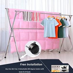 Reliancer Free Installed Clothes Drying Rack Stainless Steel Foldable Rack Hanger Space Saving Retractable 43.3-59 inch Clothes Rack Adjustable Clothes Hanger Rolling Rack with 4 Casters & 10 Hooks