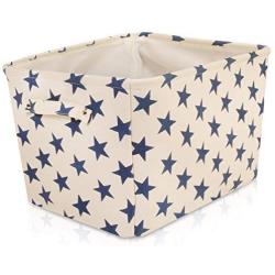 White Star Canvas Storage Basket Boxes for Household Storage with Blue Stars. 16.5in x 12.5in x 7.5in