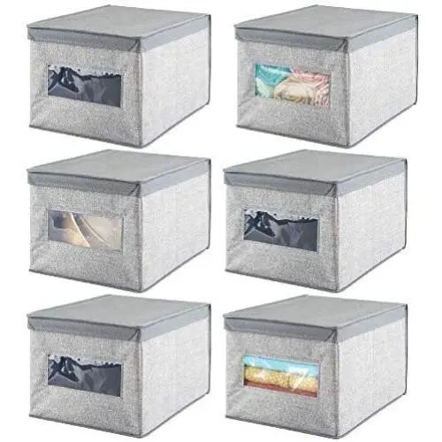 mDesign Soft Fabric Stackable Closet Storage Organizer Holder Boxes Bin with Clear Window, Attached Hinged Lid - Bedroom, Hallway, Entryway, Closet, Bathroom - Textured Print, Large, 6 Pack - Gray mDesign Soft Fabric Stackable Closet Storage Organizer Holder Boxes Bin with Clear Window, Attached Hinged Lid - Bedroom, Hallway, Entryway, Closet, Bathroom - Textured Print, Large, 6 Pack - Gray