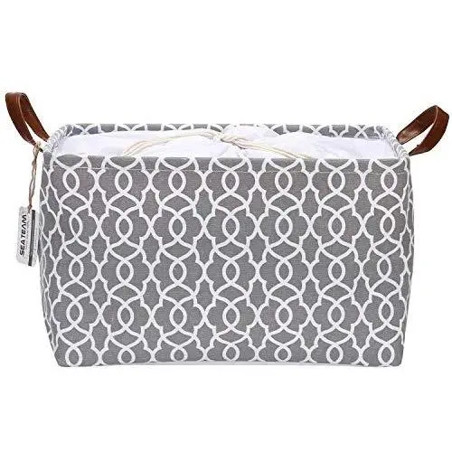 Sea Team Moroccan Geometric Pattern Canvas Fabric Storage Basket Collapsible Geometric Design Storage Bin with Drawstring Cover and PU Leather Handles, 16.5 by 11.8 inches, Waterproof Inner, Grey Sea Team Moroccan Geometric Pattern Canvas Fabric Storage Basket Collapsible Geometric Design Storage Bin with Drawstring Cover and PU Leather Handles, 16.5 by 11.8 inches, Waterproof Inner, Grey