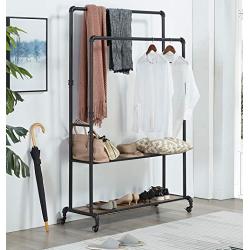 Homissue 72 Inch Industrial Pipe Double Rail Hall Tree with Shoe Storage on Wheel, 2 Shelf Rolling Clothes Rack Organizer with 2 Hanging Rod for Garment Storage Display, Vintage Brown
