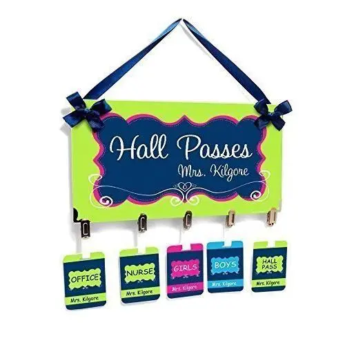 Personalized School Hall Passe with Hanger Clip, Navy Blue with Lime Green Personalized School Hall Passe with Hanger Clip, Navy Blue with Lime Green
