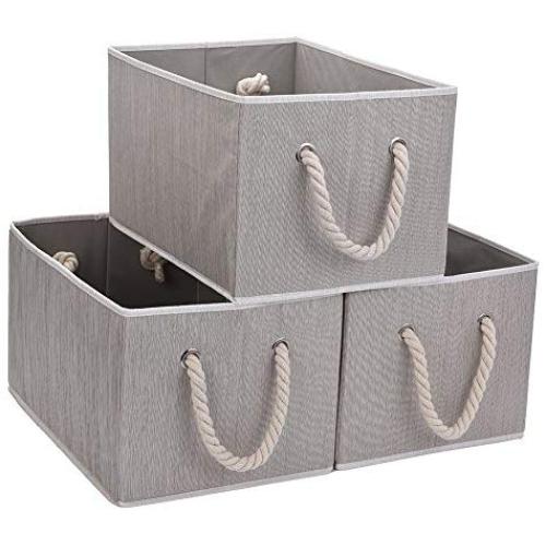 JS HOME Foldable Basket Organizer Bin, Polyester Storage Boxes with Strong Cotton Rope Handle, Grey, Jumbo, 3-Pack